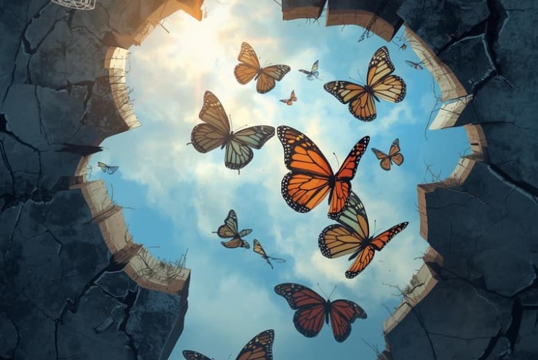 Papillons qui s'envolent vers le ciel au travers d'une ouverture